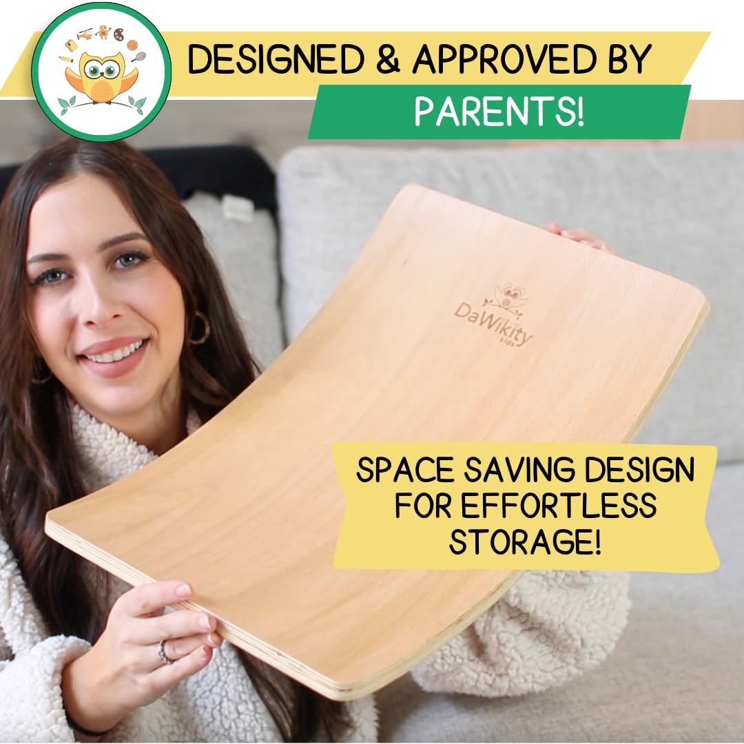 DaWikity Kids Balance Board - Wooden Wobble Board for Kids - Compact Balancing Trainer - Poplar Core - Eco-Coating - Sensory Motor Development - Core Strengthening - 17x12x3", Up to 480 lbs Capacity