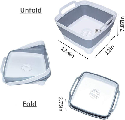 Leemeimei 9L (2.4Gal) Dish Basin Collapsible with Drain Plug Carry Handles,Kitchen Storage Tray Dish Wash Basin, Portable Dish Tub, Foldable Dishpan for Camping,RV,Gray