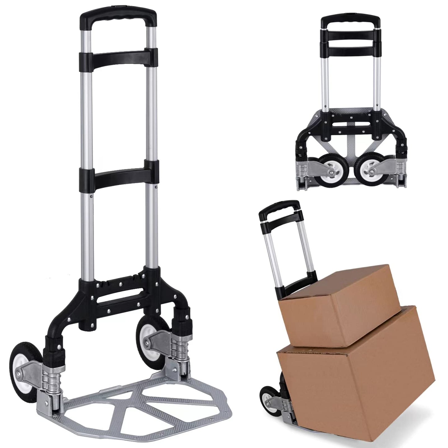Folding Hand Truck Portable Foldable Dolly Cart Aluminum Luggage Cart Trolley Cart Black MAX Load 180 lbs, with Black Bungee Cord, Telescoping Handle,Solid Aluminium Wheel suspensions, Double Bearings
