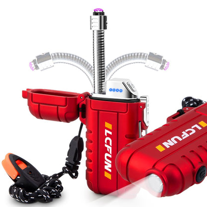 LcFun Electric Dual Arc Lighter USB Rechargeable, Windproof Plasma Lighters with LED Battery Indicator, Waterproof Flashlight Lighter with Whistle Lanyard for Camping, Survival Gear Gifts for Men