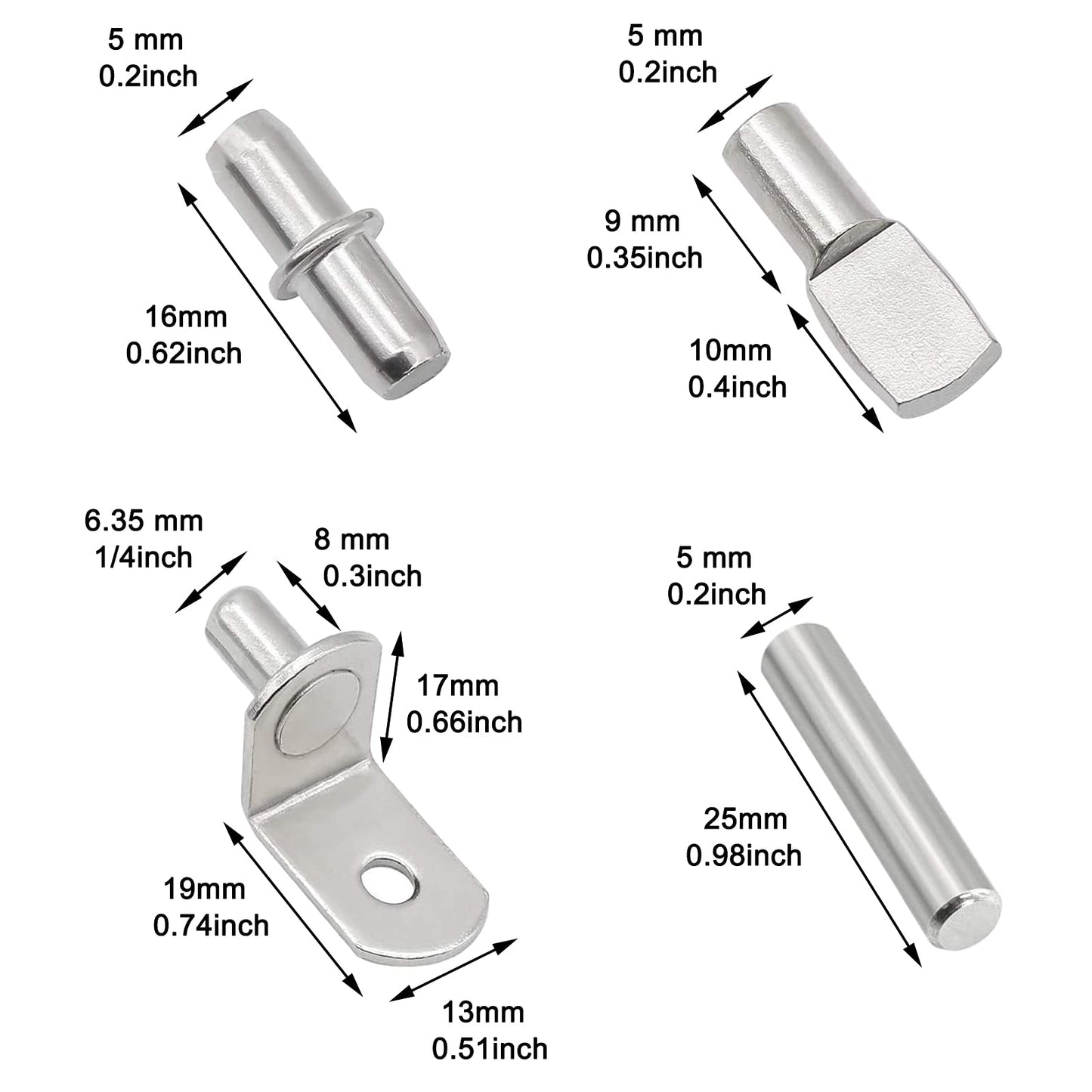 104Pcs Shelf Pins Kit,4 Styles Nickel Plated Shelf Support Pegs,Bookshelf Pegs for Shelves,Cabinet Shelf Bracket Pegs Shelf Pins Holders for Kitchen Furniture & Closet ( 5mm & 1/4inch )