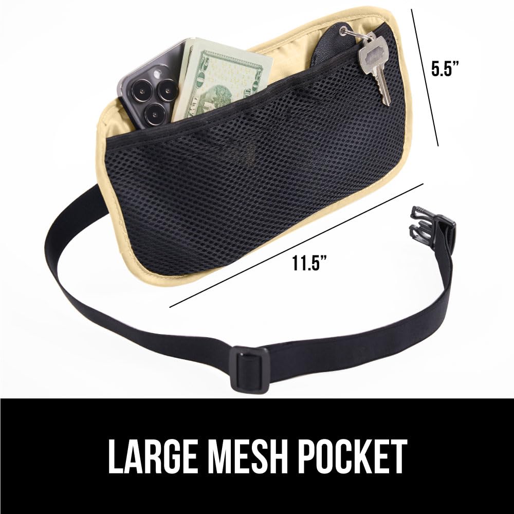 GORILLA GRIP 4 Pocket Secure RFID Blocking Money Belt, Anti Theft Hidden Fanny Pack for Passport and Credit Cards, Water Repellent Travel Pouch for Men Women with Adjustable Waist and Zippers, Sand