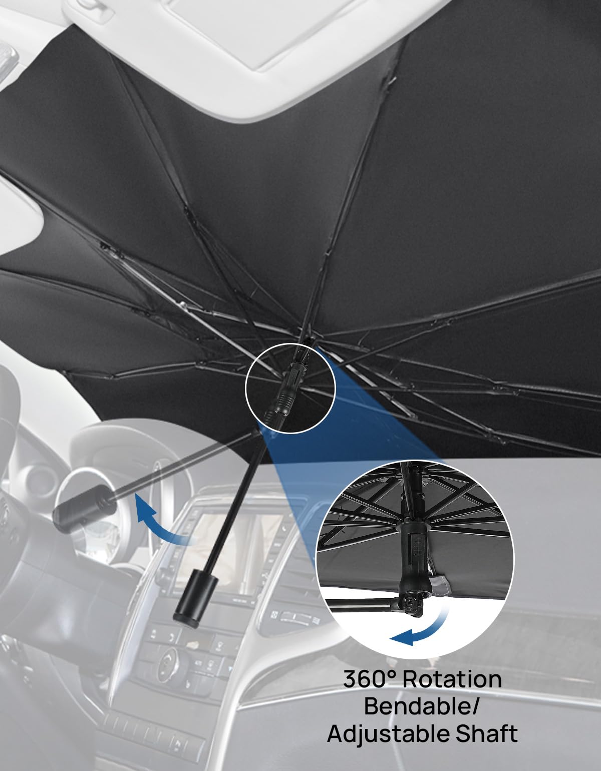 JOYTUTUS Windshield Sun Shade Umbrella, Fit for Ford 2015-2024 F150 F250 F350, with 360° Rotation Bendable Shaft, Titanium Silver Coating for UV Ray Block, Car Front Window Sun Shade Keep the Car Cool