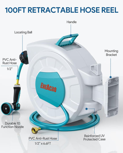 ENEACRO Retractable Garden Hose Reel with Wall Mount 1/2"×100ft with 10 Pattern Hose Nozzle, Brass Connector, Auto Rewind/Any Length Lock/ 180° Swivel Bracket, Ideal for Garden Watering