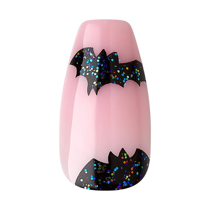 KISS Voguish Fantasy Halloween Nails, Black & White, Medium Length, Coffin Shape, Pink Gel Nail Glue (2g), Mini Nail File, Manicure Stick, & 28 Fake Nails