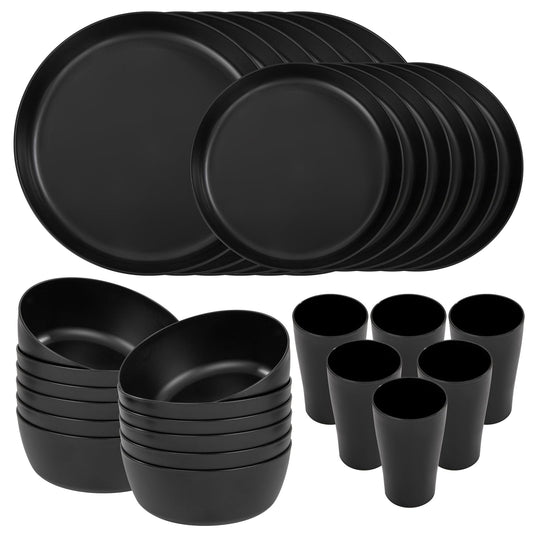 EI 24pcs Black Wheat Straw Plates,Wheat Straw Dinnerware Set,Plates and Bowls Sets,Reuasble Plate,Unbreakable Dinner Plate Heavy Duty Plastic for Halloween