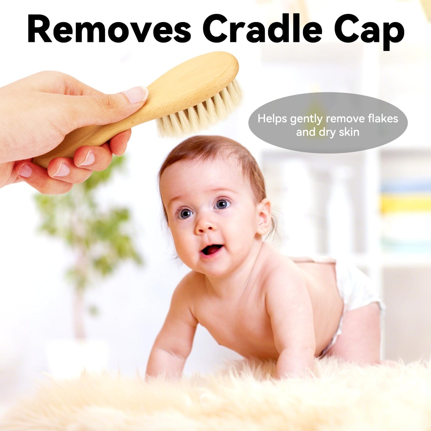 Goat Baby Hair Brush Set, 2pcs Wooden Soft Bristles Brush with Comb and Green Silicone Bath Brush for Newborns Toddlers Safe Natural Hair Care Kit