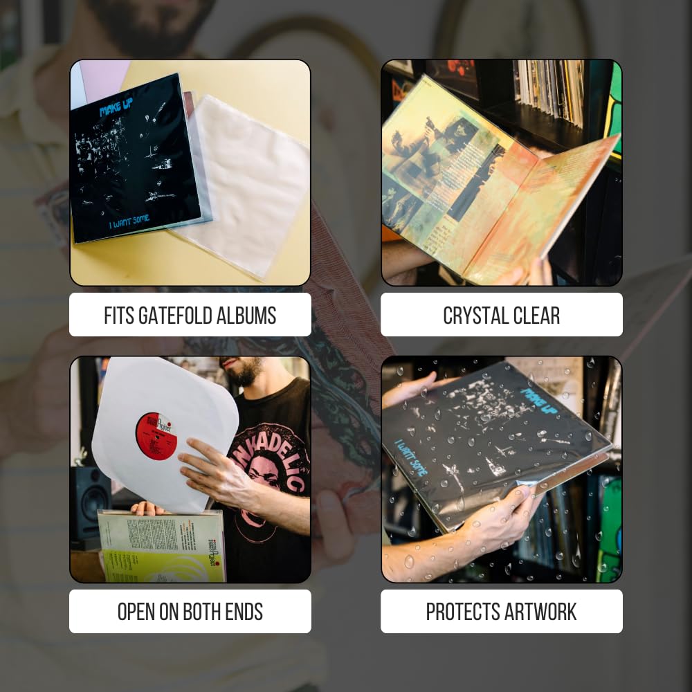 Gatefold Outer LP Sleeves for 12 Inch Vinyl Record Storage | 3 Mil Thick Poly Clear Record Sleeves with Easy Access to Records in Vinyl Albums | Plastic Sleeve Protector (25 Pack)