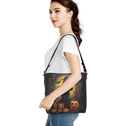 HUGS IDEA Black Cat Halloween Tote Bag for Women Pu Leather Satchel Bags Handbag Crossbody Hobo Purse for Outdoor Travel Holiday Vacation