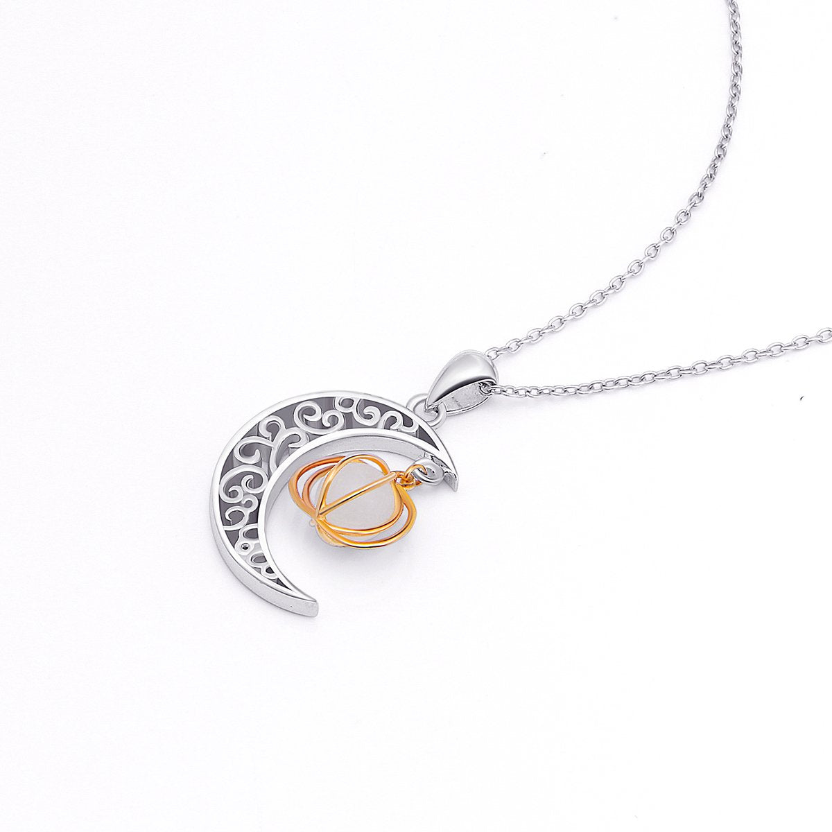 Ladytree Halloween Jewelry 925 Sterling Silver Moon and Pumpkin Luminous Beads Glow Pendant Necklace, 18 inches