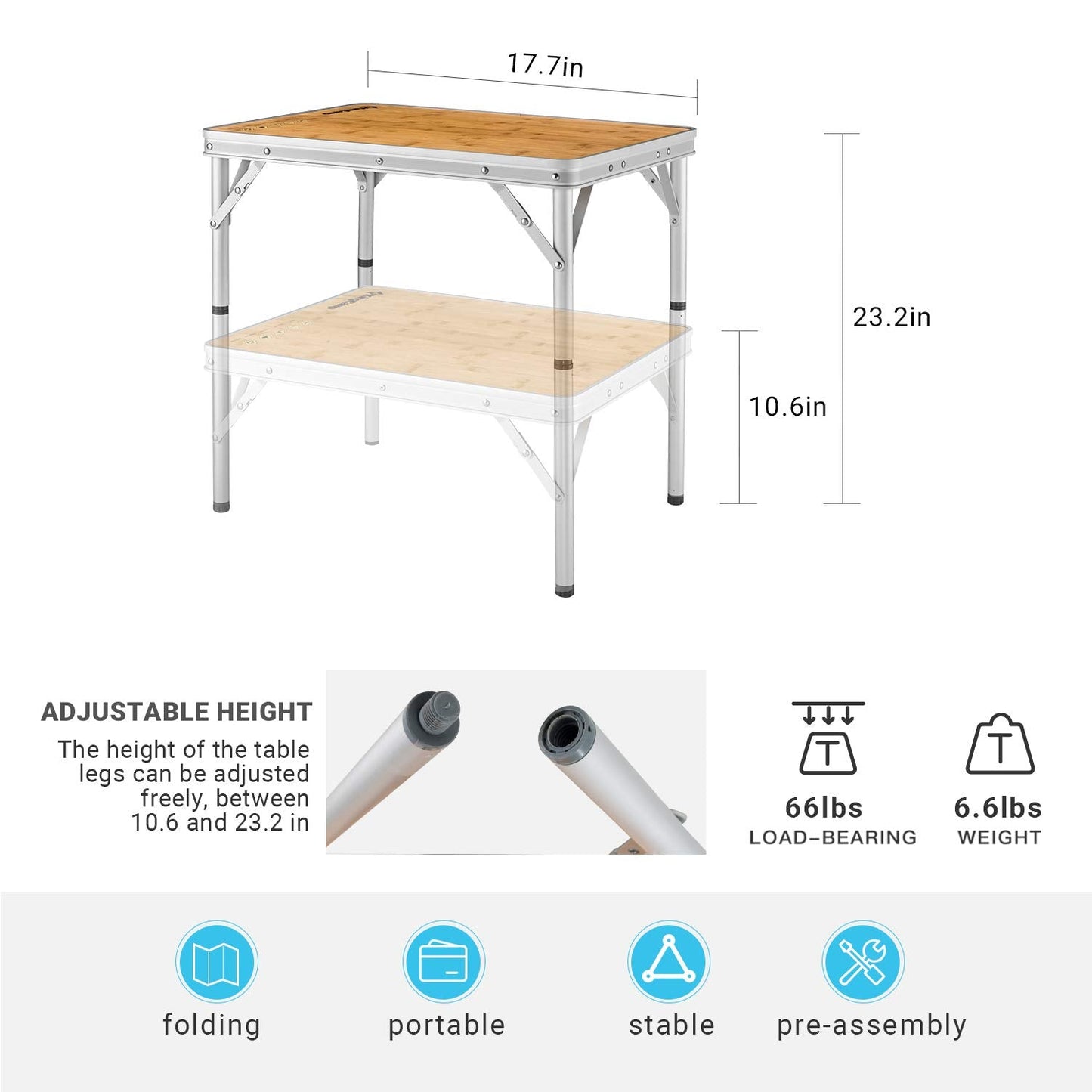 KingCamp Adjustable Height Folding Table, Bamboo Camping Outdoor Portable RV Camp Table with Carry Handle & Leg Storage for Outdoor Car Backyard Picnic Tailgating Beach
