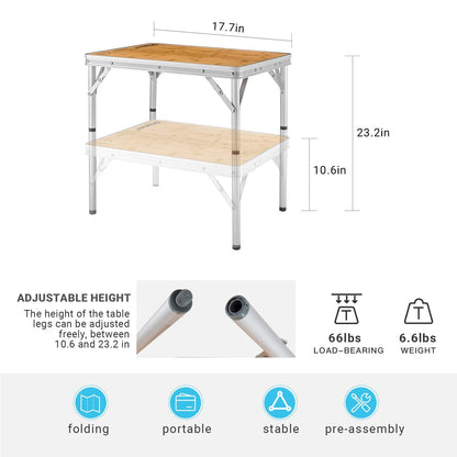 KingCamp Adjustable Height Folding Table, Bamboo Camping Outdoor Portable RV Camp Table with Carry Handle & Leg Storage for Outdoor Car Backyard Picnic Tailgating Beach