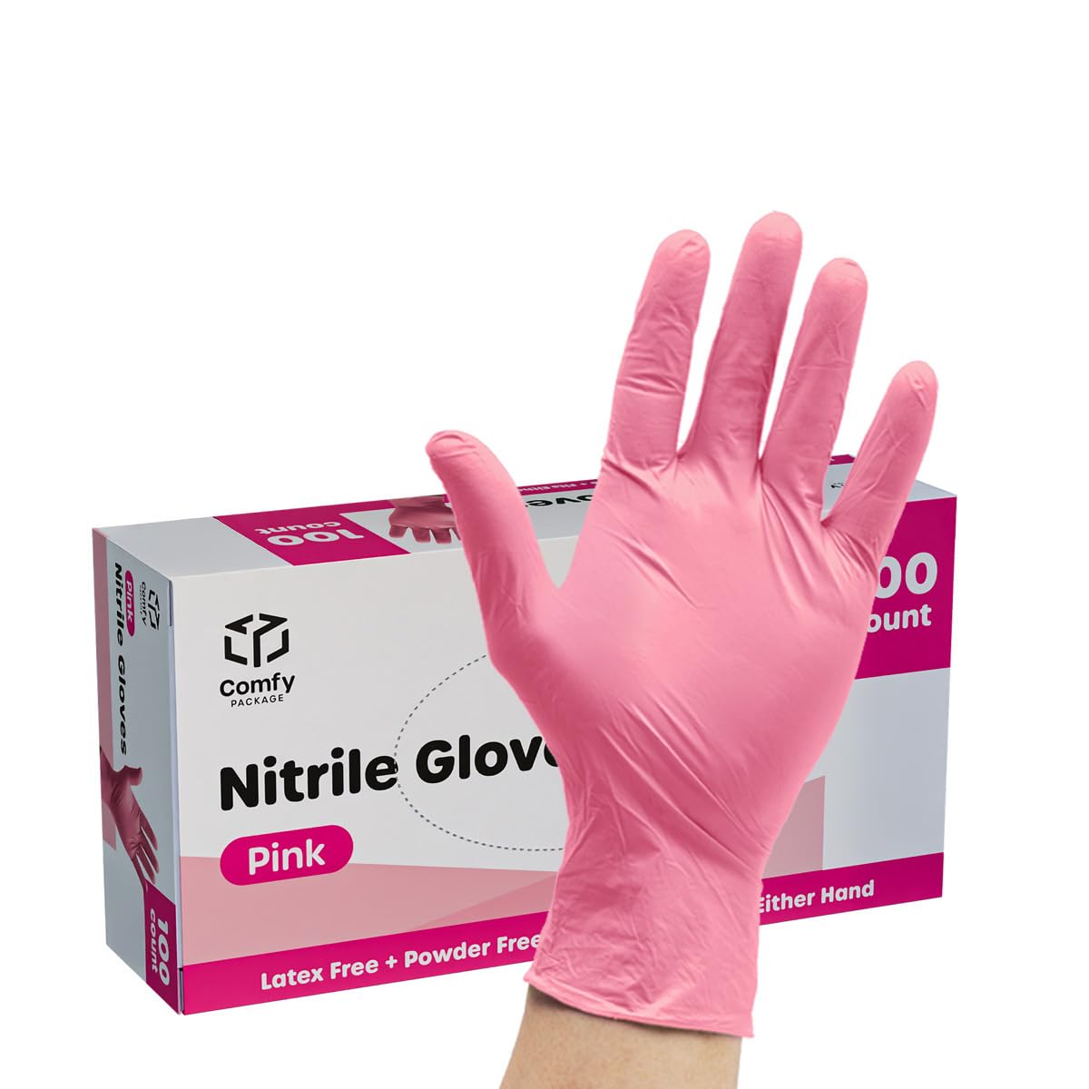Comfy Package [100 Count] Pink Nitrile Disposable Gloves - | Latex Free and Rubber Free | Non-Sterile Powder Free Gloves - Large