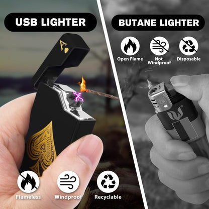 LcFun Electric Lighter Rechargeable USB, Dual Arc Plasma Lighter, Windproof Flameless Electronic Lighters, Pocket Metal Lighters with LED Battery Indication for Candles, Camping (Black Ace)