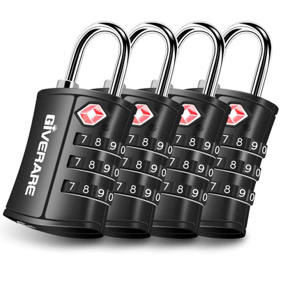4 Pack TSA Approved Travel Luggage Locks, Combination Lock Keyless, 3-Digit Padlocks, Travel Sentry Accepted Compatible Padlock for Gym Locker, Golf Bag Case, Backpack, Black-by GIVERARE