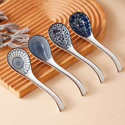 JOBNTZ Asian Soup Spoon,Ceramic Ramen Spoons Japanese Style for Pho, Miso soup, Dumpling, Noodles, Chinese Wonton Dishwasher safe - Set of 4 - Blue