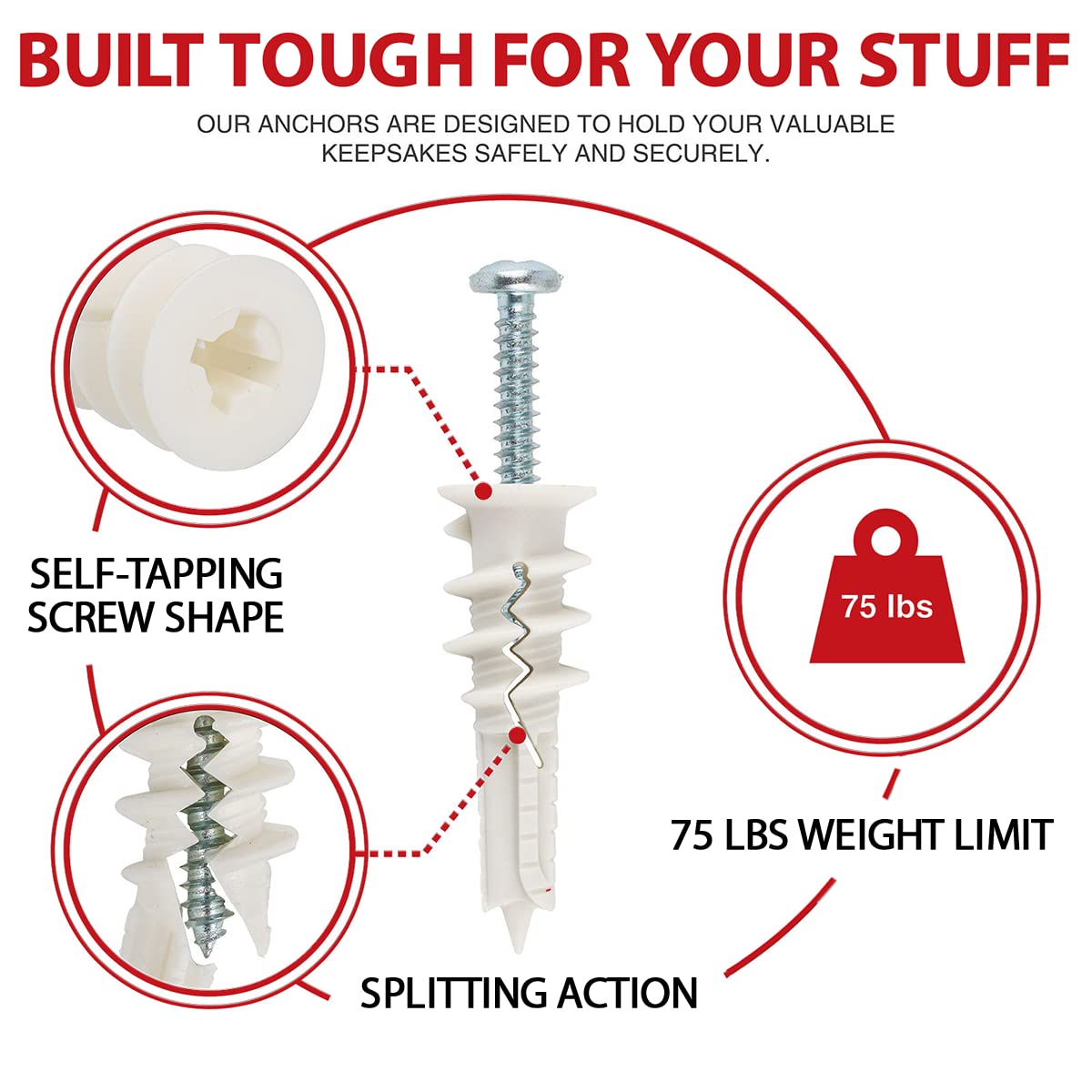 CrimsonMark 120Pcs #8 Self Drilling Drywall Anchors and Screws kit #8 x 1-1/4”- Superb Wall Anchors for Drywall, Holds Upto 75lbs – No Drill Hole Required with These Dry Wall Screws and Anchors