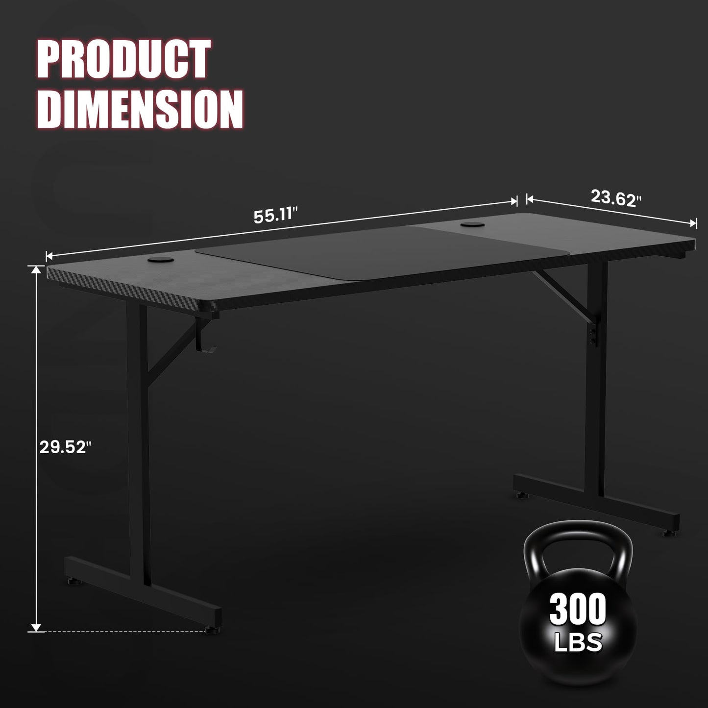 GTRACING 55 Inch Gaming Desk with LED Lights, Large Computer Desk with Mouse Pad for Home Office, T-Shaped Carbon Fibre Surface PC Game Workstations with Headphone Hook