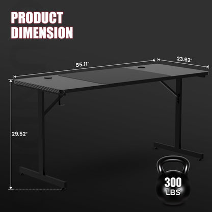 GTRACING 55 Inch Gaming Desk with LED Lights, Large Computer Desk with Mouse Pad for Home Office, T-Shaped Carbon Fibre Surface PC Game Workstations with Headphone Hook