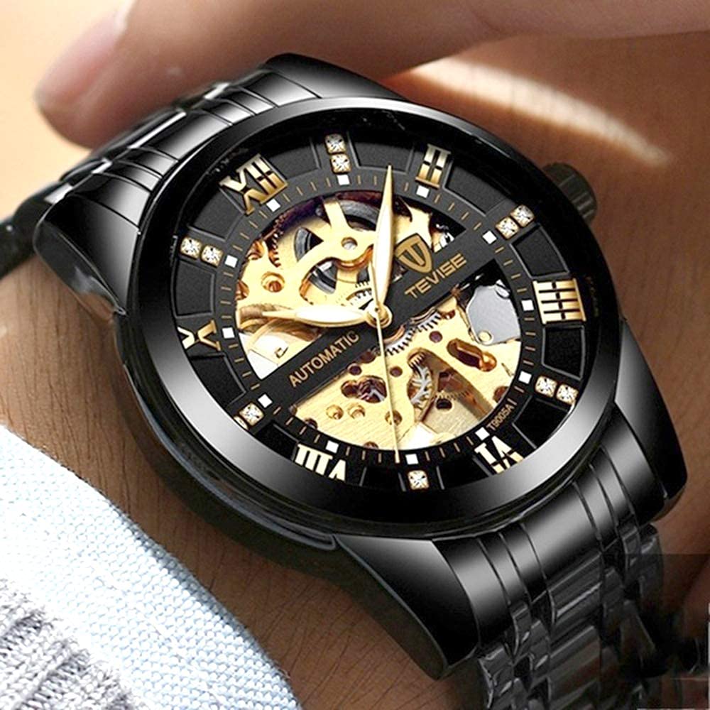 Dentily Mechanical Men's Watch Stainless Steel Skeleton Automatic Watch Waterproof Business Watches for Men