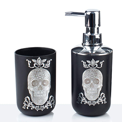 Halloween Bathroom Accessories Set 6 Piece Plastic Bathroom Ensemble Soap Dispenser Toothbrush Holder Tumbler Soap Dish Trash Can Toilet Brush Holder for Decorative Countertop Housewarming Gift(Black)