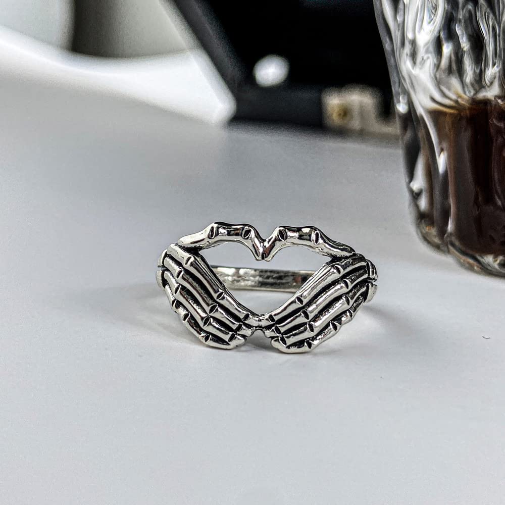 FORUBUS Retro Skull Hand Heart Ring Gothic Style Love Heart Gesture Skeleton Hand Ring for Rock Biker Halloween Trick Costume Jewelry-8