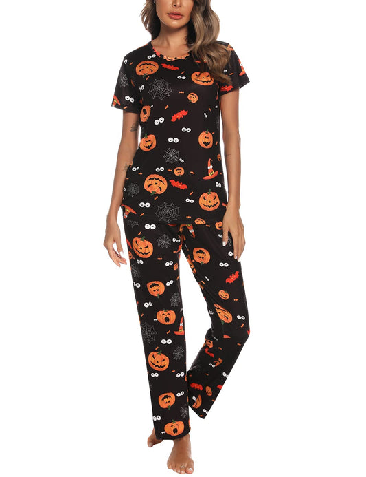 EISHOPEER Women's Halloween Pajama Set Printed Short Sleeve Top & Long Pants Sleepwear Pjs Sets Black XS