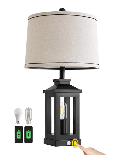 G-SAFAVA 23.75" Retro Farmhouse Black Table Lamp for Living Room Bedroom Nightstand Single Pack Touch Control Bedside Nightlight Vintage Modern Lamp with USB C+A Ports and 2 Light Sources