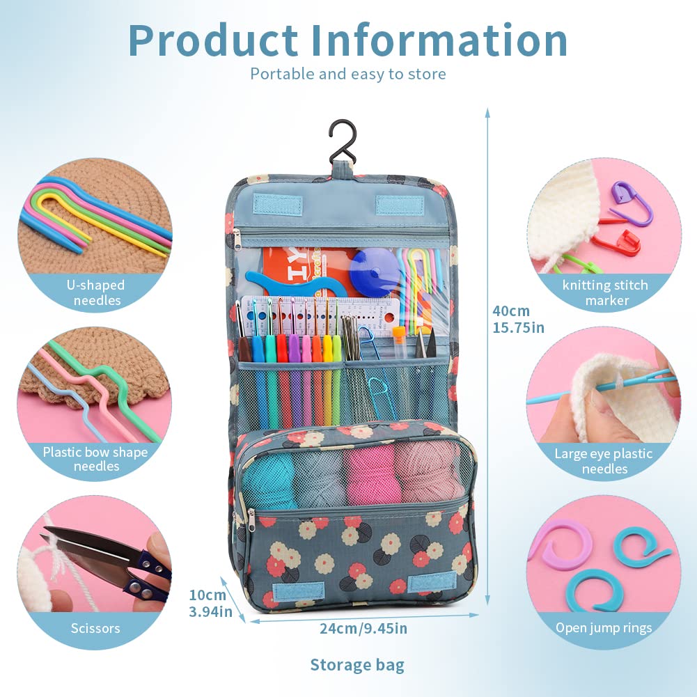 Crochet Kit for Beginners Complete 130 Pieces Starters Knitting Kit with Crochet Yarn, Ergonomic Crochet Hooks and Crochet Accessories in Hangable Storage Bag