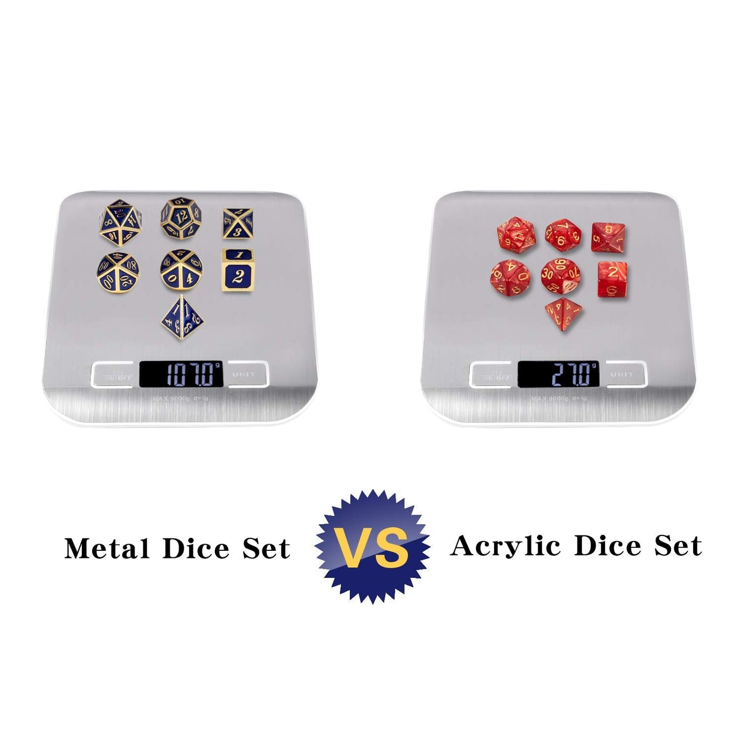 DnDnD Heavy Polyhedral Metal Dice Set with Metal Box, 7-die Shiny Blue Surface with Golden Number for RPG,Dungeons and Dragons,Pathfinder,Shadowrun,D&D,Role Palying Game and Math Teaching