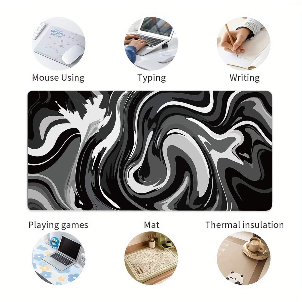 Large Gaming Mouse Pad - Black and White Mouse Pad with Stitched Edges, Extended XL Mousepad with Anti-Slip Rubber Base, Ink Liquid Wave Desk Mat for Keyboard and Mouse(31.5x15.8 inch)