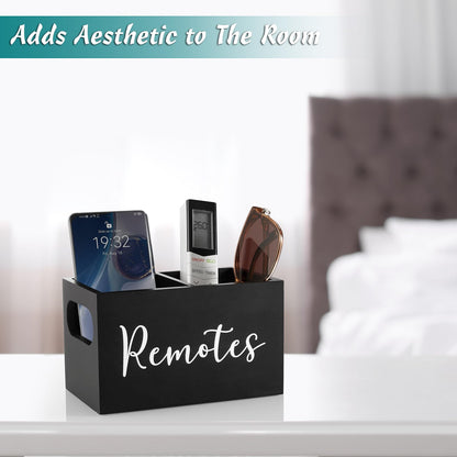 DRASTAR Remote Control Holder, TV Remote Holder, Remote Organizer Caddy for Table, Wooden Remote Box for Nightstand, Black Remote Caddy with 2 Slots