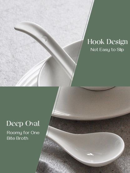 DOWAN Soup Spoons, Ceramic Asian Soup Spoons, White Japanese Spoon Large for Ramen Pho Wonton Dumpling Miso, Deep Oval Hook Design, Set of 4 (4, White)