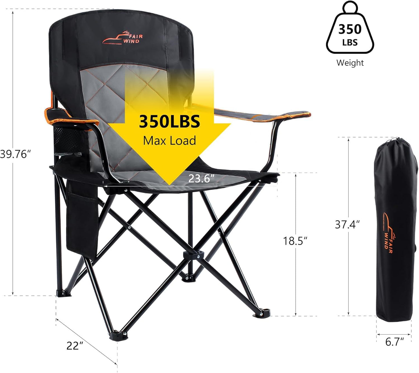 FAIR WIND 2 Pack Oversized Fully Padded Camping Chair Heavy Duty Quad Fold Arm Chair Support 350 LBS with Cup Holder, Collapsible Lumbar Back Chair Portable for Outdoor, Black