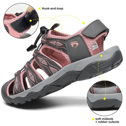 Dannto Women's Sport Hiking Sandals Closed Toe Outdoor Athletic Walking Sandal Lightweight Summer Water Shoes Grey and Pink Size 8.5