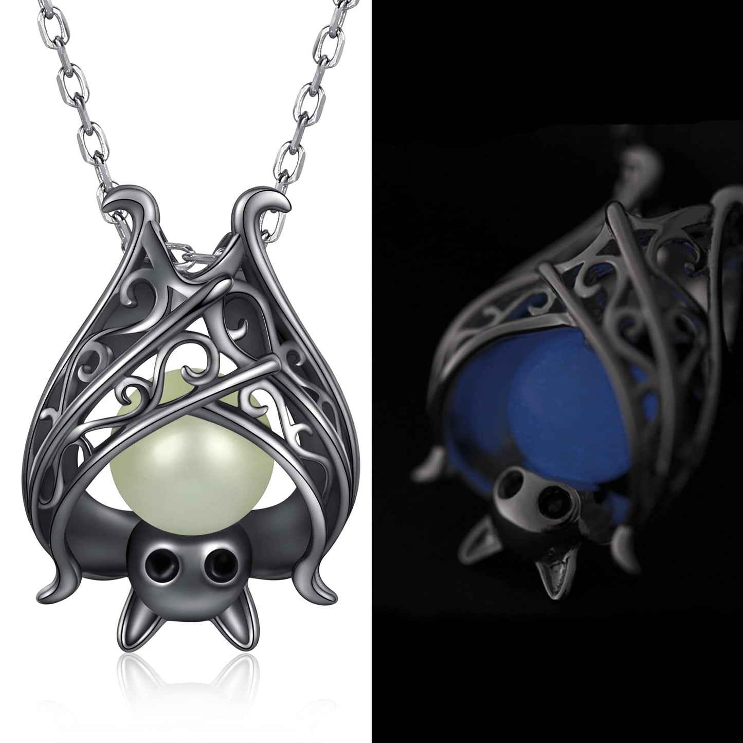 Cute Bat Necklace Sterling Silver Glowing in The Dark Animal Pendant Little Witchy Halloween Jewelry Gift for Women(Black)