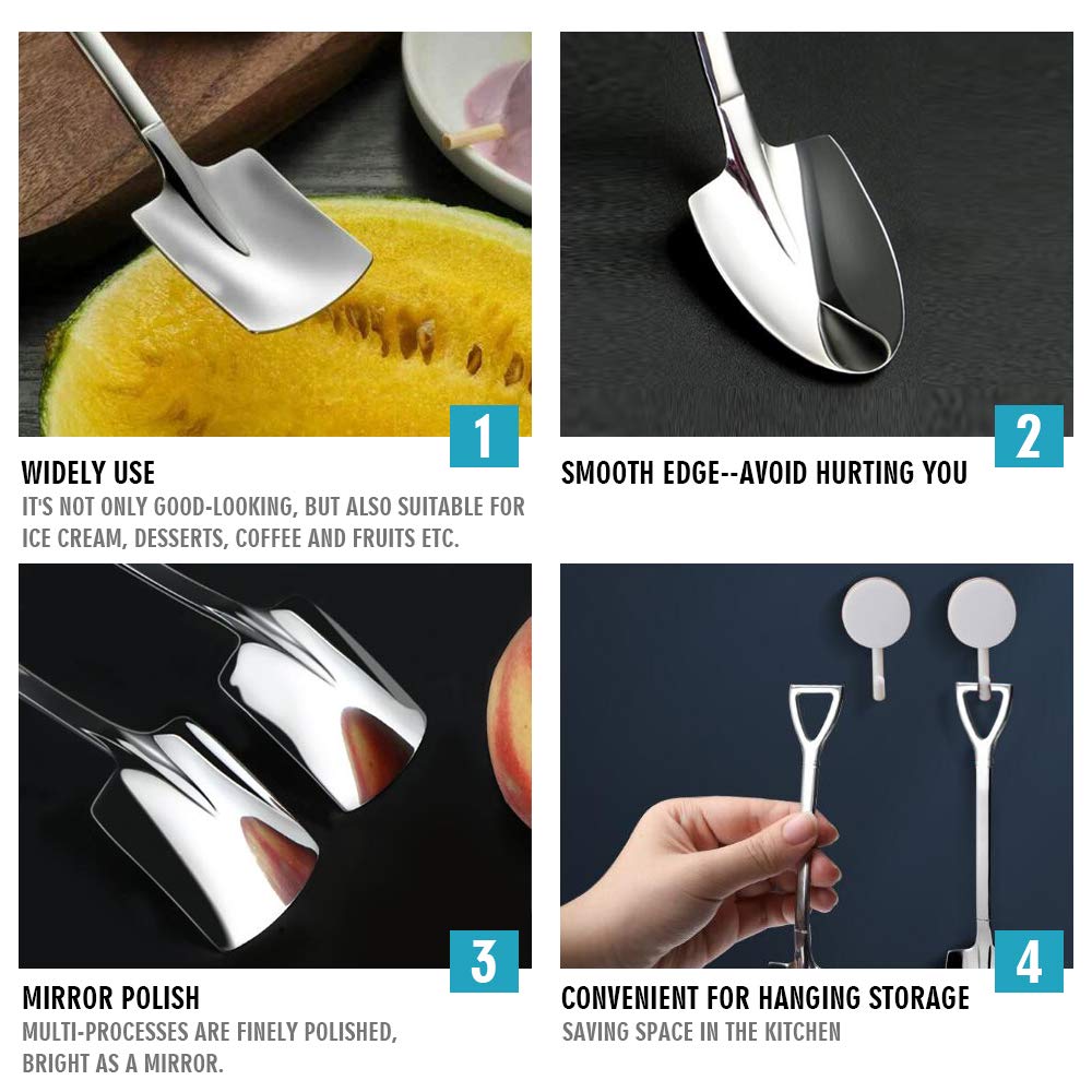 Dessert Spoon Cute Shovel Spoon, SUS304 Stainless Steel Spade Spoons Fruit Coffee Cake Spoon, Dishwasher Safe, 2pcs Spoons with Plastic Box Package