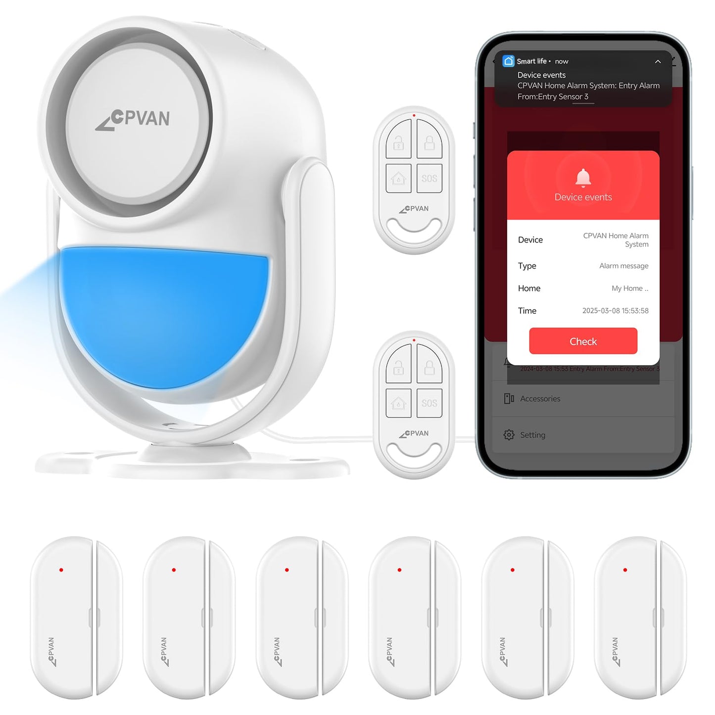 CPVAN Home Alarm System with PIR Motion Sensor, WiFi Wireless DIY Smart Door/Window Alarm for Home Security with Phone APP Alert 9 Pieces-Kit (Indoor PIR Alarm Host, 6 Door Sensors, 2 Remotes)