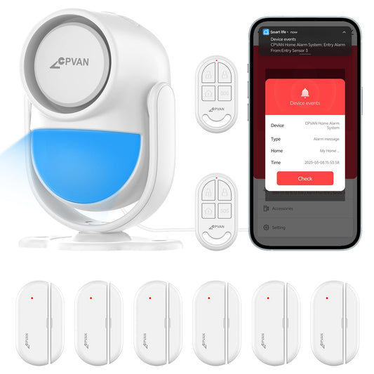 CPVAN Home Alarm System with PIR Motion Sensor, WiFi Wireless DIY Smart Door/Window Alarm for Home Security with Phone APP Alert 9 Pieces-Kit (Indoor PIR Alarm Host, 6 Door Sensors, 2 Remotes)
