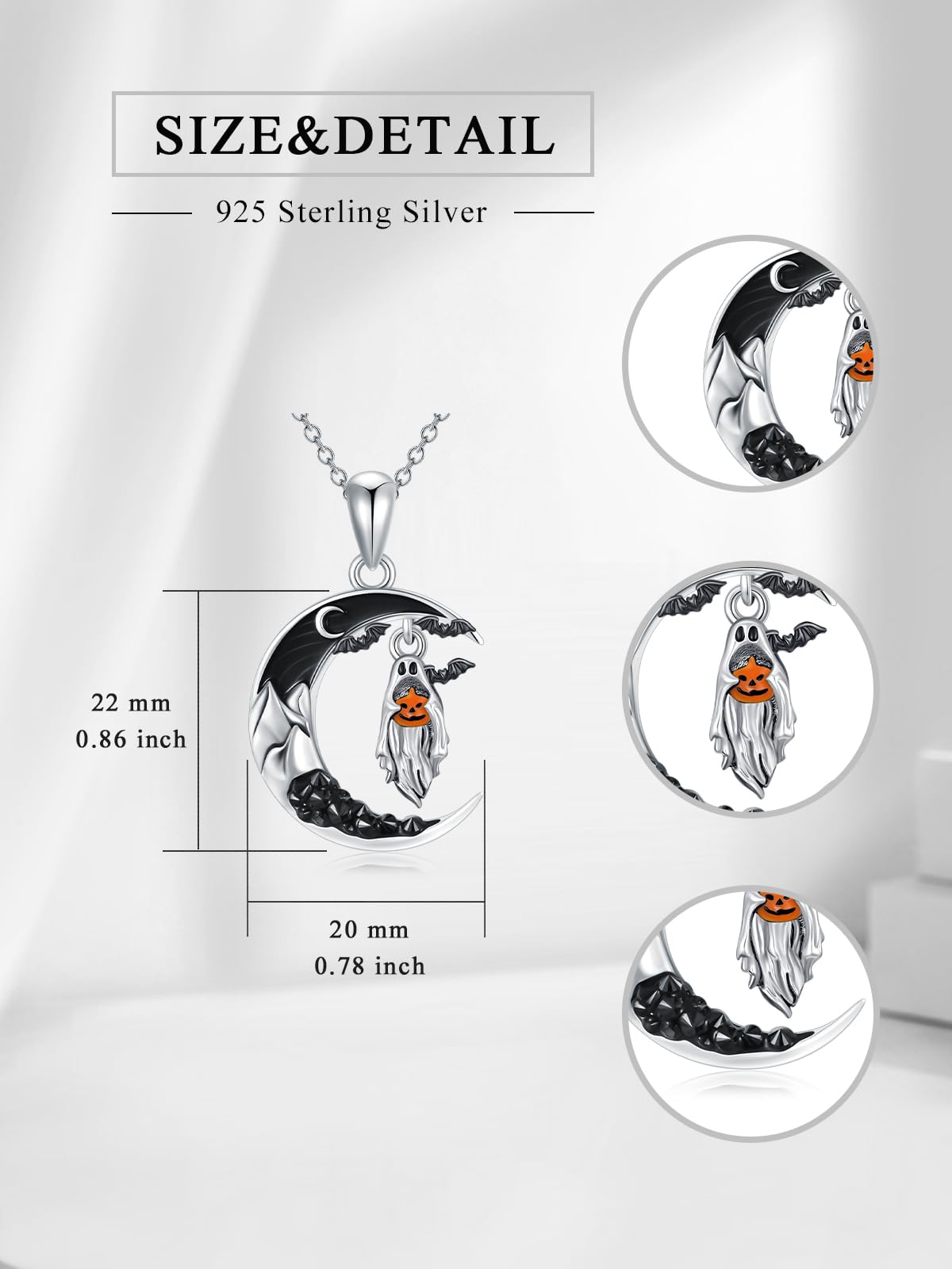 Flpruy Halloween Ghost Necklace 925 Sterling Silver Black Crescent Moon Bat with Pumpkin Pendant Halloween Goth Jewelry Gifts for Women