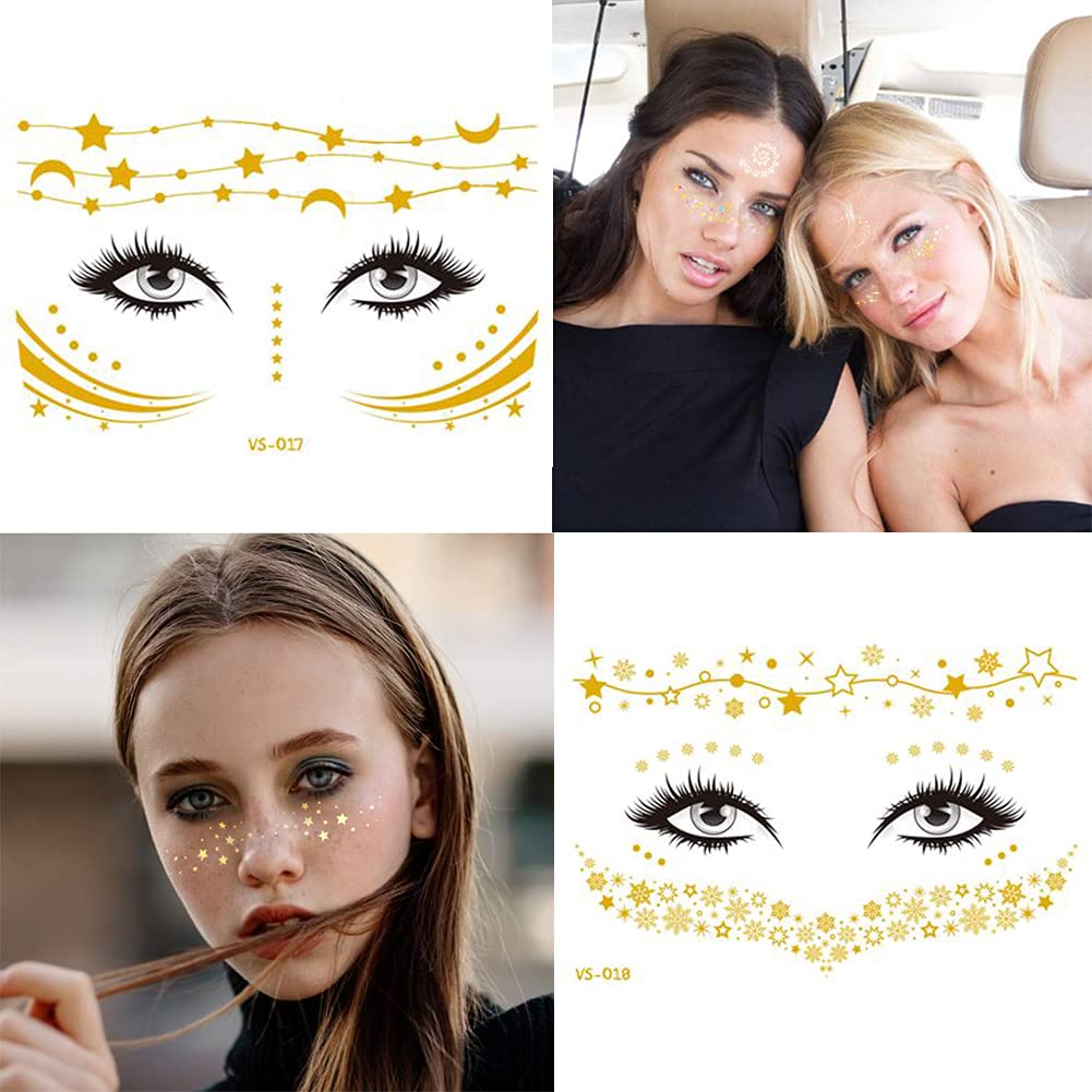 14 Sheets Face Temporary Tattoos, Rosymormor Face Stickers Gold Metallic Temporary Transfer Glitter Fake Tattoos, Freckle Stickers for Women Girls Festival Halloween Makeup Dancer Costume Parties