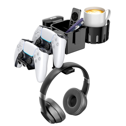 KDD 5 in 1 Desk Controller Holder - Rotating Headphone Hanger with Cup Holder - Clamp On Desk Organizer Holds Controller, Headphone, Cup, Mobile phone and Pen(Black)