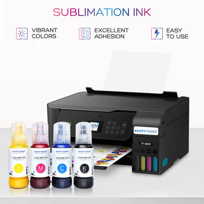 HAPPYTONER Sublimation Ink for Epson 2800 ecotank ET-3750 ET-3760 ET-3830 ET-4850 ET-4750 ET-2760 ET-2700 ET-4760 ET-15000 ST-2000 Heat Press Transfer on T-Shirt Mug (Upgrade Version/Anti-UV)