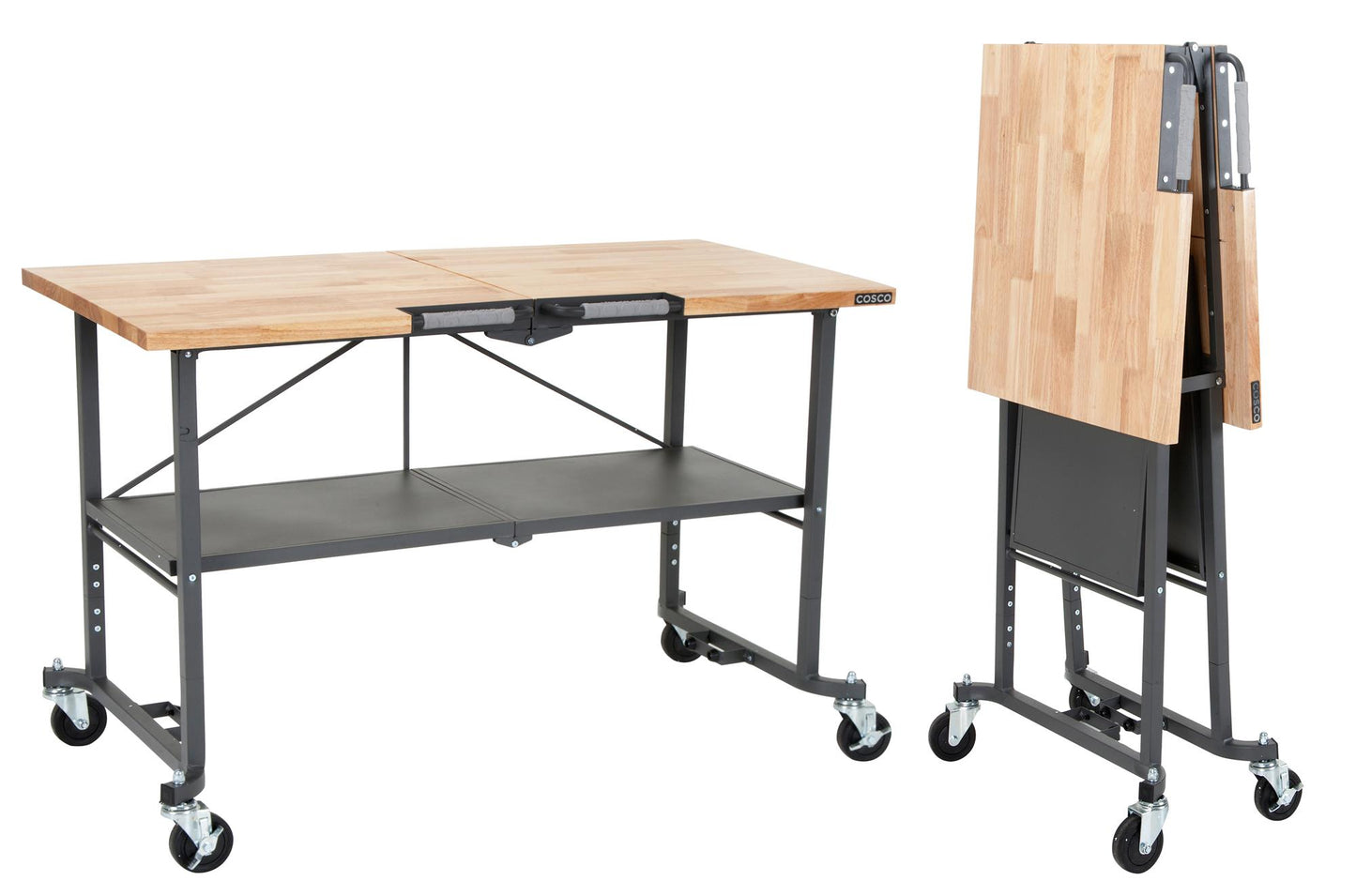 COSCO SmartFold Butcher Block Portable Workbench / Folding Utility Table (Hardwood Top, 700LB Total Weight Capacity, Locking Casters, Gray Steel Frame, 1 Pack)