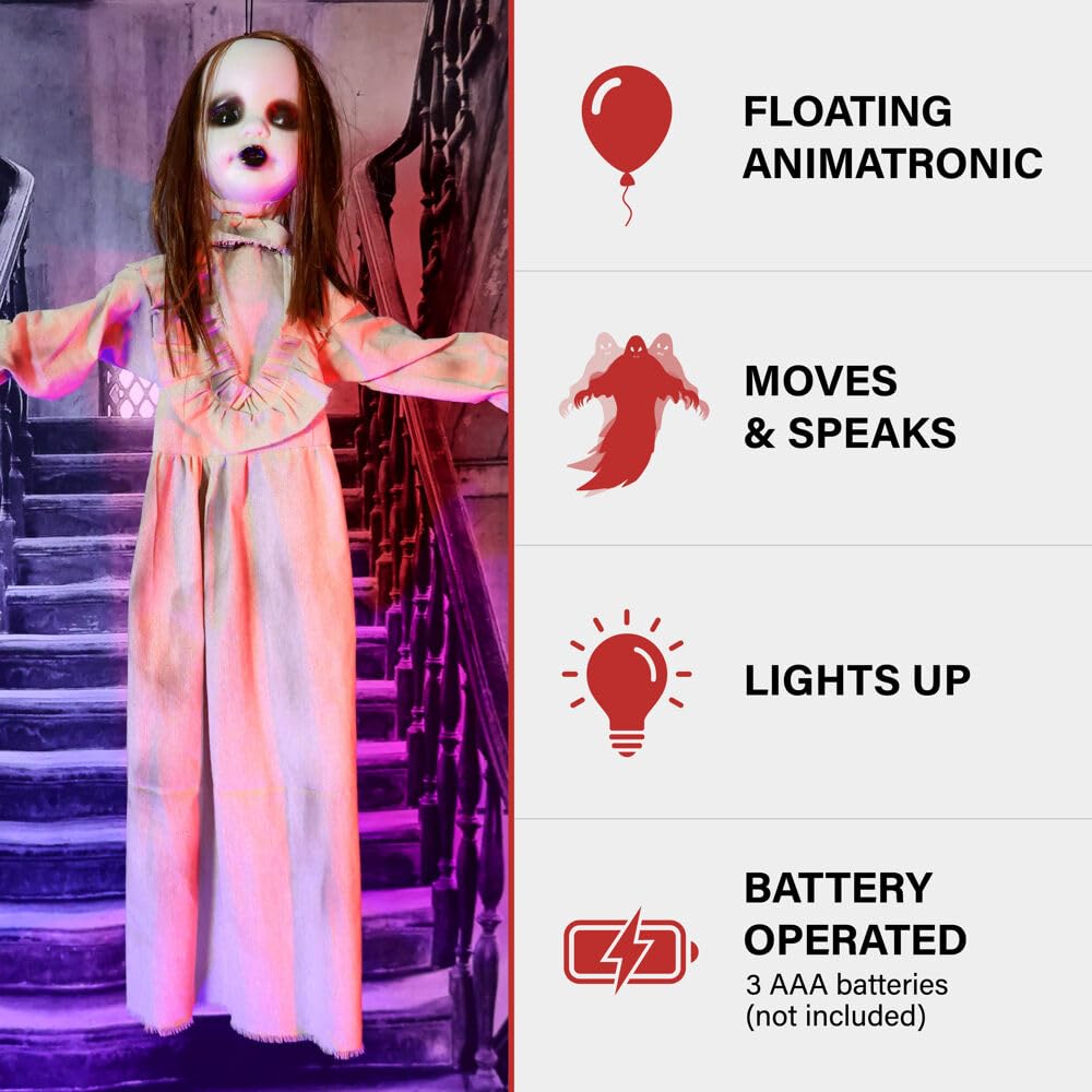 Haunted Hill Farm Floating, Talking Zombie Girl Animatronic with Blue Chest Light for Scary Free-Hanging Halloween Decoration,5 x 16 x 47