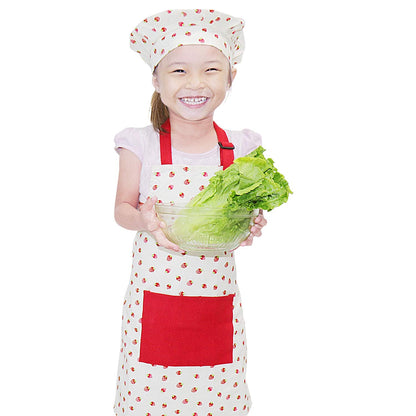 Jennice House Kids Apron Set with Chef Hat, Cute Child Baking Aprons with Adjustable Neck Strap and Pockets for Girls Boys Cooking Baking Painting Gardening in 2 Sizes (Red Strawberry, Large)