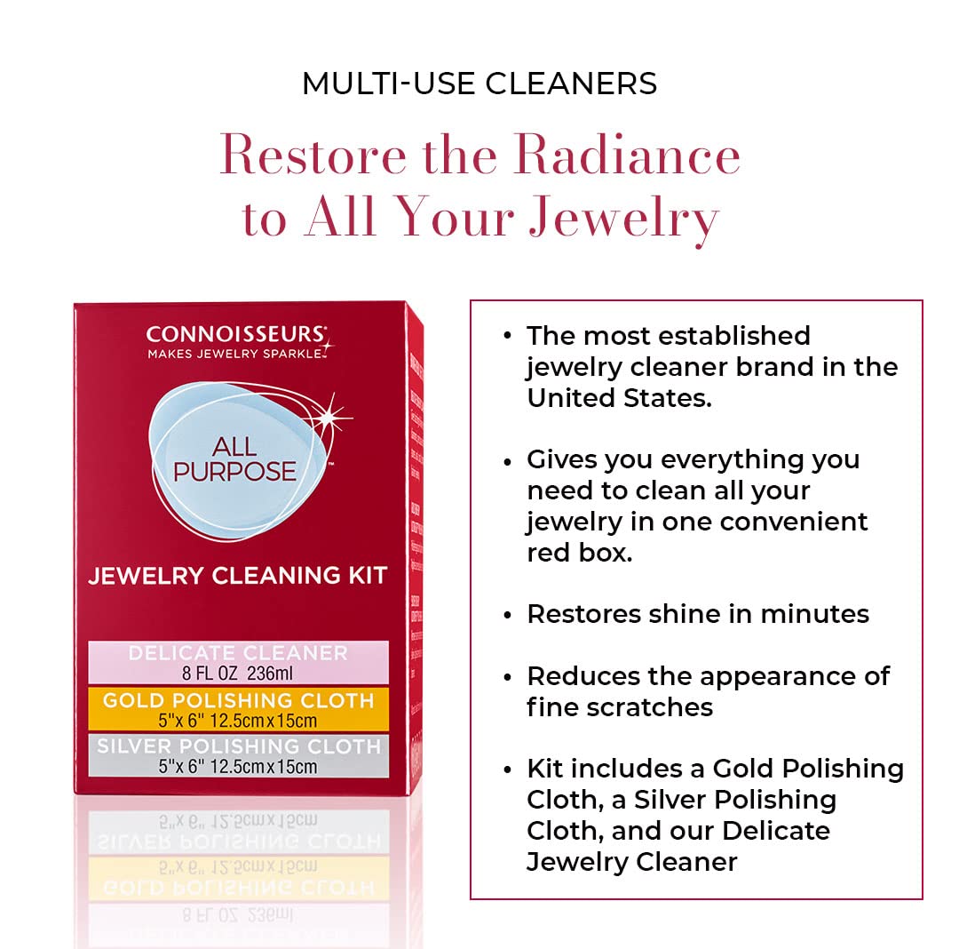 CONNOISSEURS All-Purpose Jewelry Cleaning Kit - Includes Delicate Jewelry Cleaner Solution and 2 Polishing Cloths