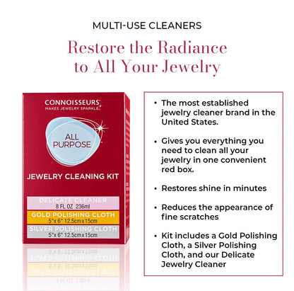 CONNOISSEURS All-Purpose Jewelry Cleaning Kit - Includes Delicate Jewelry Cleaner Solution and 2 Polishing Cloths