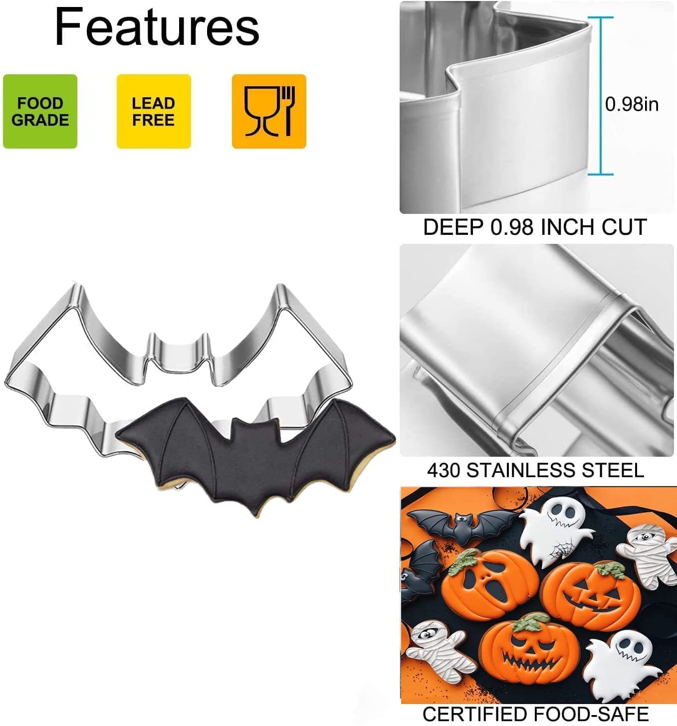 Halloween Cookie Cutters Set- 5 Pieces Stainless Steel Baking Cutter Molds Pumpkin, Ghost, Witch's Hat, Bat, Cat Cookie Cutters Holiday Decorative Party Supplies