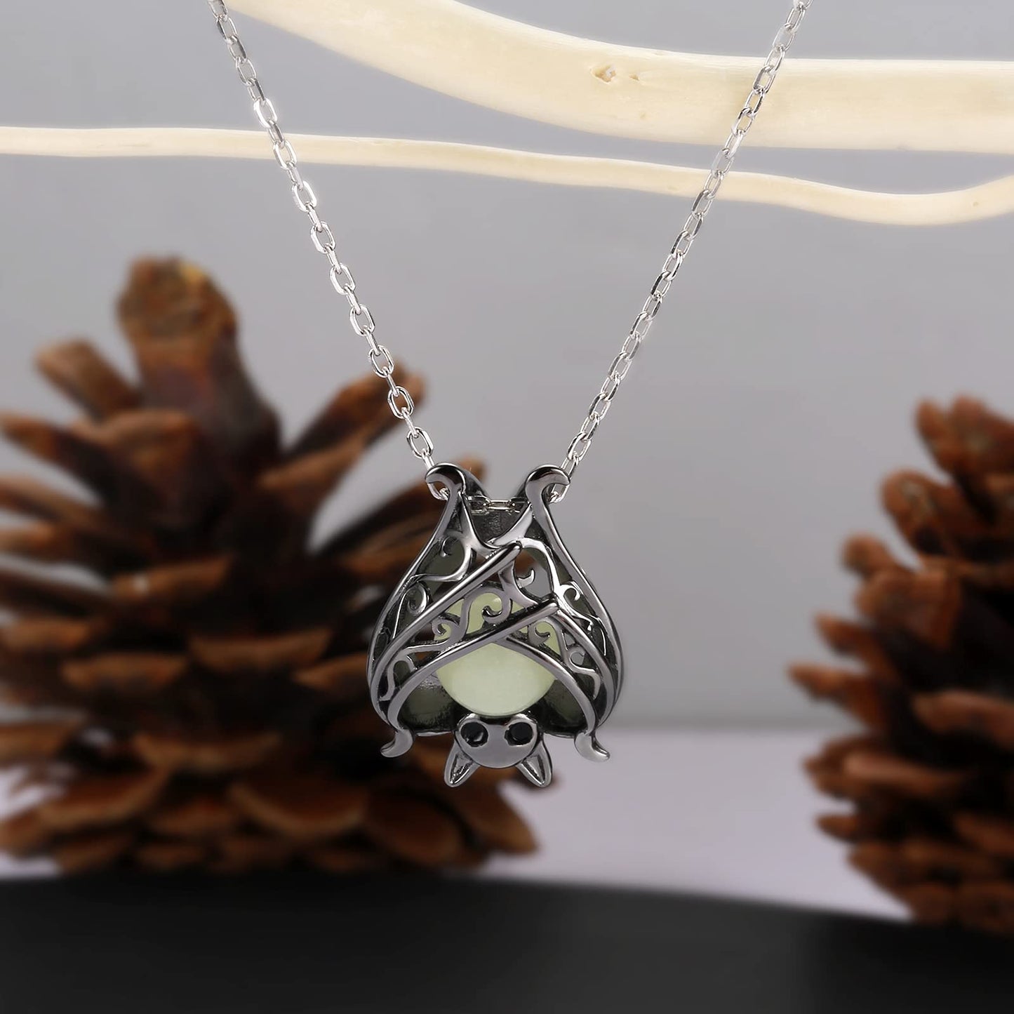 Cute Bat Necklace Sterling Silver Glowing in The Dark Animal Pendant Little Witchy Halloween Jewelry Gift for Women(Black)